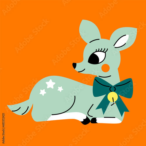 Cute green fawn in 1950s retro style. Vintage Christmas deer postcard, invitation template. Hand drawn vector illustration. 