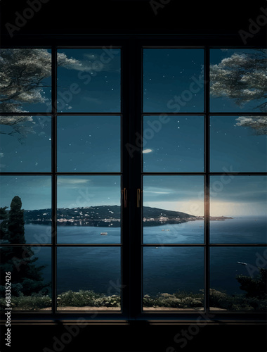 Illustration ultra realistic photo, loft window glass with view behind background