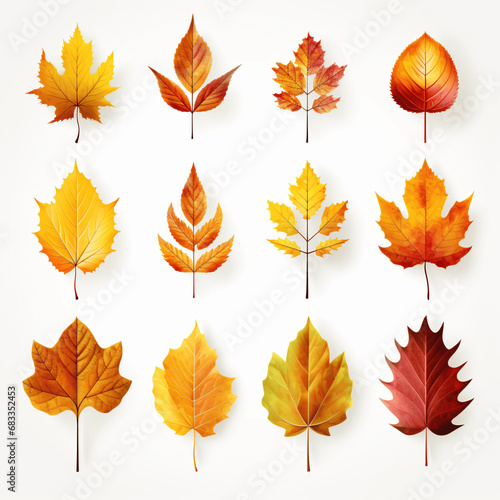 Collection of Colorful, Silky Fall Leaves on White