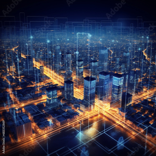 Futuristic City Skyline  Global Business  Data Exchange  Smart Network and Connection  data traffic