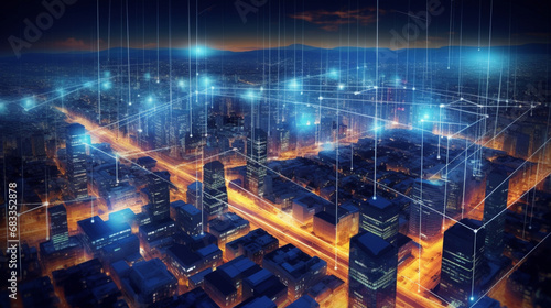 Futuristic City Skyline, Global Business, Data Exchange, Smart Network and Connection, data traffic