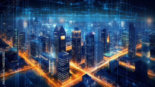 Futuristic City Skyline, Global Business, Data Exchange, Smart Network and Connection, data traffic