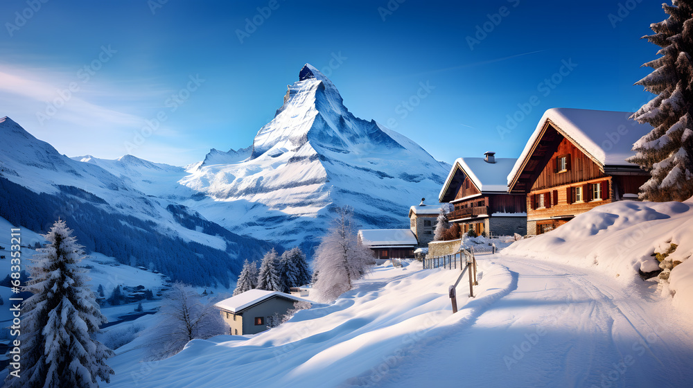 Wood house in Switzerland Village winter season