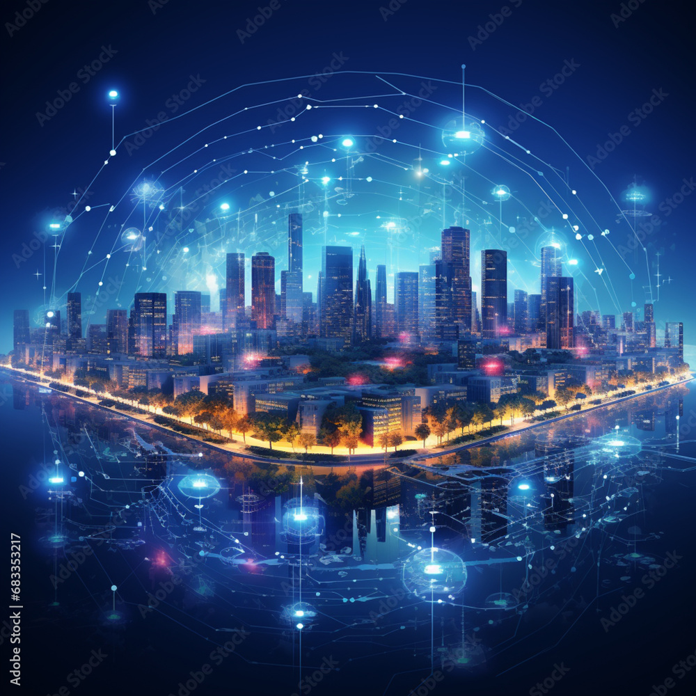 Futuristic City Skyline, Global Business, Data Exchange, Smart Network and Connection, data traffic