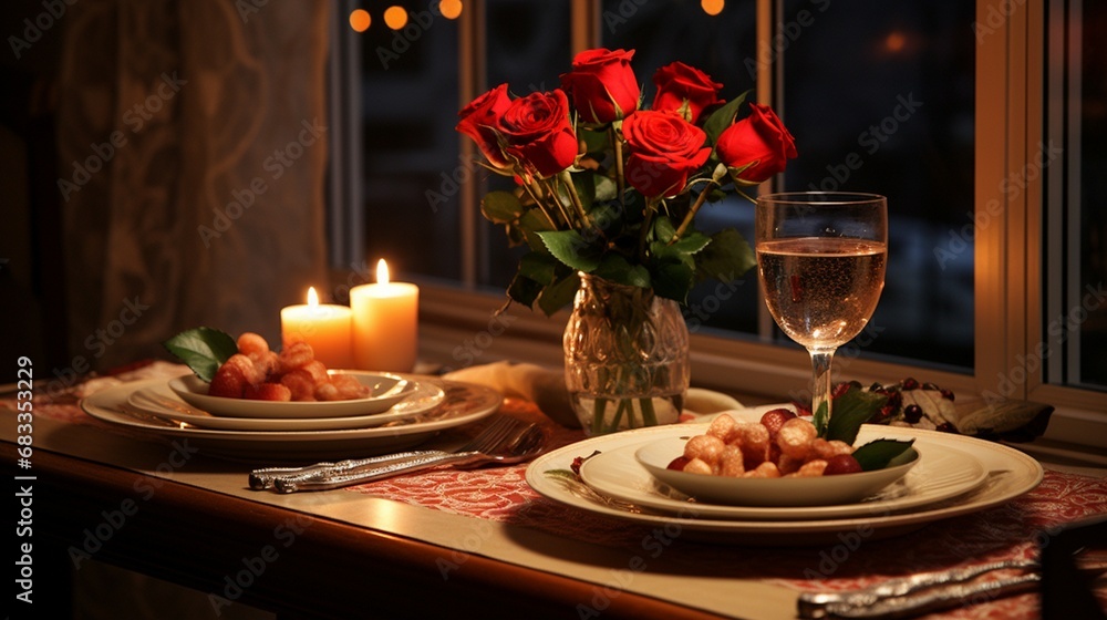 Romantic Dinner Luxury Table setup for couple, Illuminated by candlelight, Red Rose and wine, Romantic Vibe, Valentine's Day celebration Concept, Copy space for text Romantic Dinner Luxury Table setup for couple, Illuminated by candlelight, Red Rose and wine, Romantic Vibe, Valentine's Day celebration Concept, Copy space for text