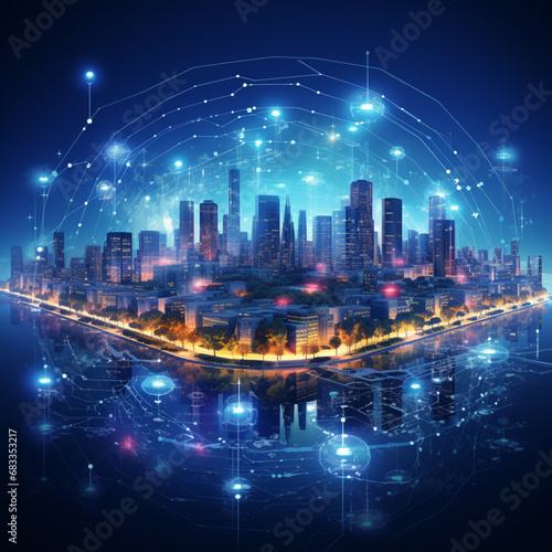 Futuristic City Skyline  Global Business  Data Exchange  Smart Network and Connection  data traffic
