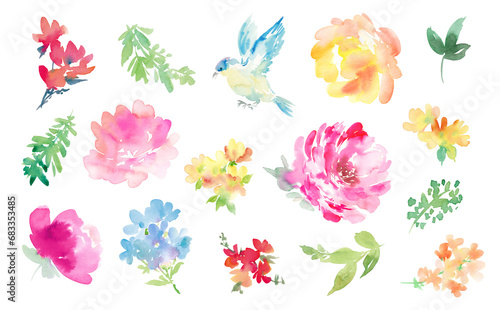 Set of abstract watercolor illustrations of peonies and foliage for background photo