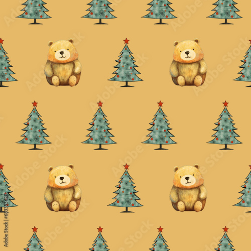 Christmas Tree and cute bear Seamless Pattern