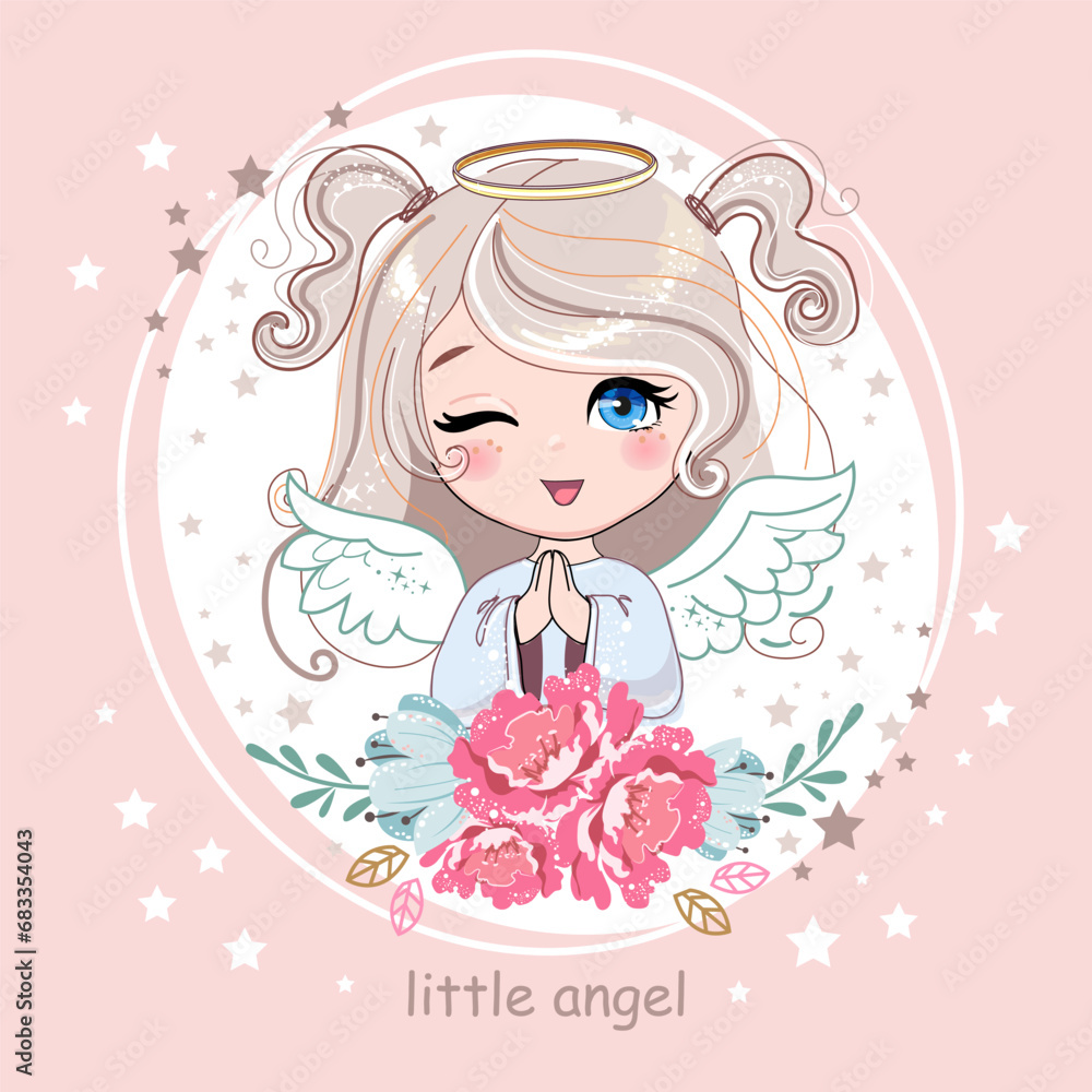 Beautiful cartoon little angel girl with flowers on a pink background. Vector illustration for kids. New born