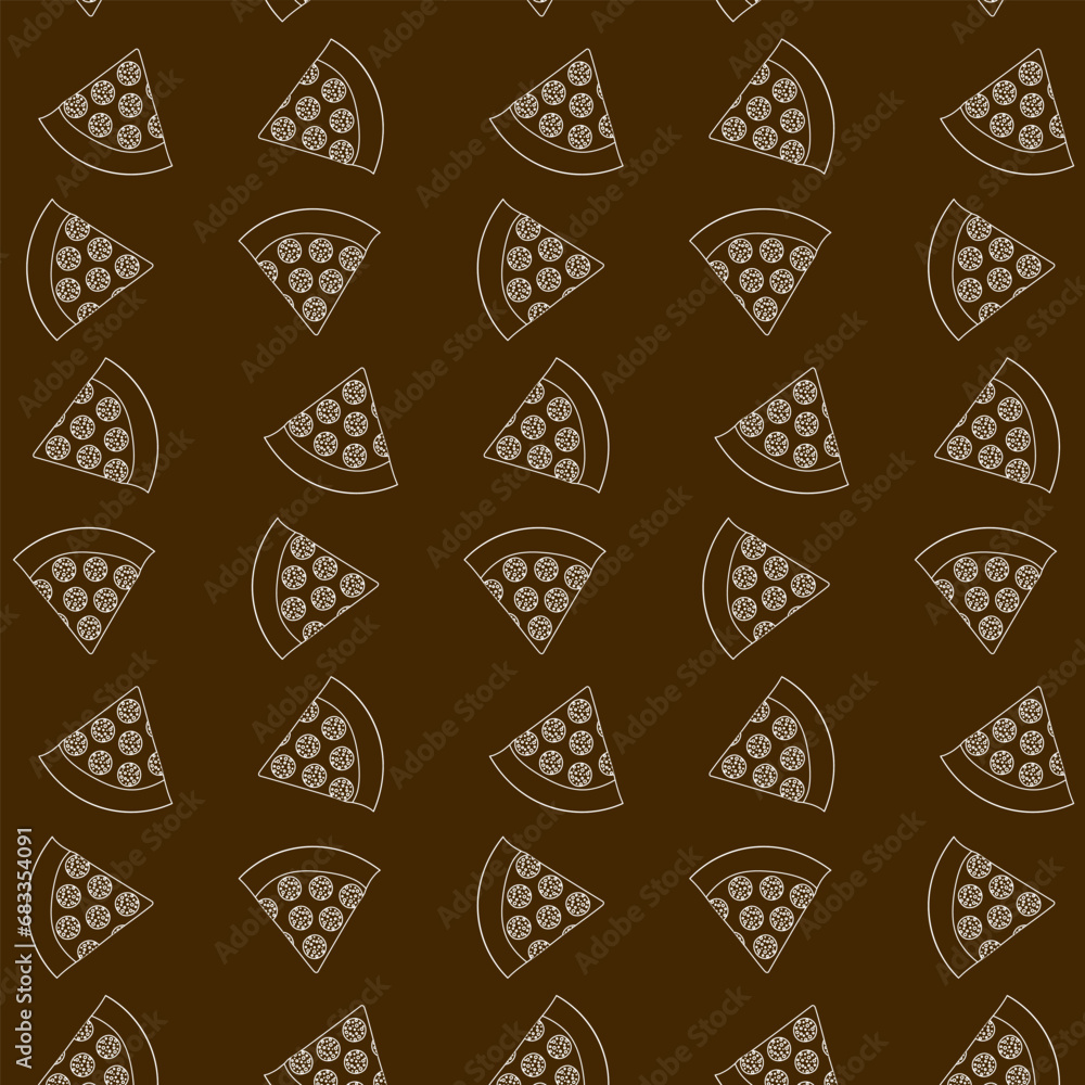 Seamless pattern with pepperoni pizza slices with white outline on brown background