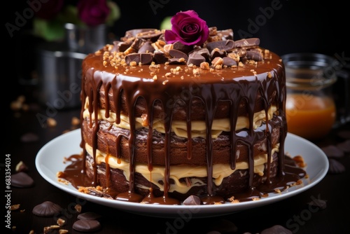 Decadent chocolate birthday cake with glossy ganache, drizzled caramel, and a mountain of chocolate curls, Generative AI