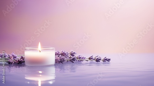 Lavender candle with fresh lavender. Minimal purple candle with space for text.