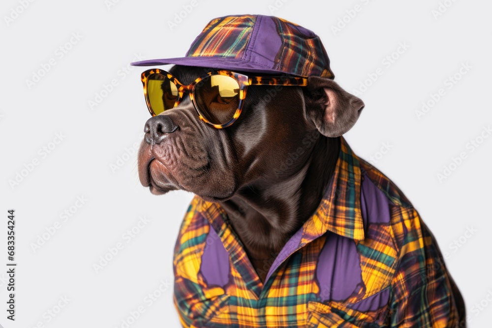 Dog in plaid shirt and cap on plain background Dog in plaid shirt and cap on plain background