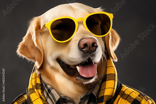 Portrait of happy dog in flannel shirt and yellow sunglasses © Innese