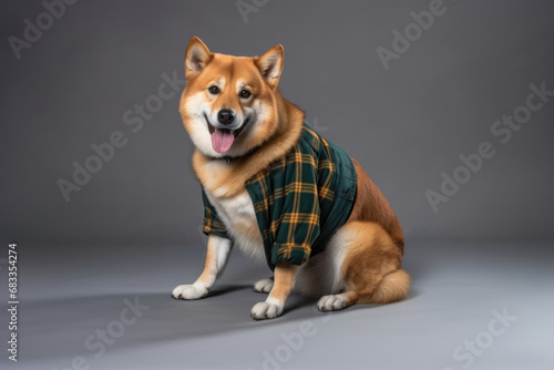 Dog sitting in green plaid flannel shirt