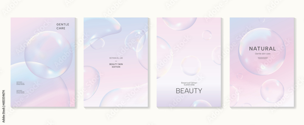 © TWINS DESIGN STUDIO - Aesthetic poster design set. Cute gradient holographic background vector with geometric shape, gradient mesh bubble. Beauty ideal design for social media, cosmetic product, promote, banner, ads.