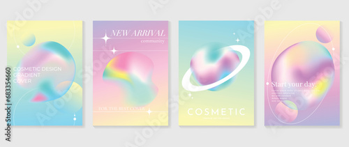 Aesthetic poster design set. Cute gradient holographic background vector with gradient mesh bubble, geometric shape. Beauty ideal design for social media, cosmetic product, promote, banner, ads.