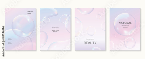 Aesthetic poster design set. Cute gradient holographic background vector with geometric shape, gradient mesh bubble. Beauty ideal design for social media, cosmetic product, promote, banner, ads.