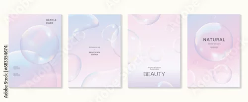 Obraz Aesthetic poster design set. Cute gradient holographic background vector with geometric shape, gradient mesh bubble. Beauty ideal design for social media, cosmetic product, promote, banner, ads.