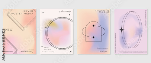 Aesthetic poster design set. Cute gradient holographic background vector with pastel colors, geometric shapes. Beauty ideal design for social media, cosmetic product, promote, banner, ads.
