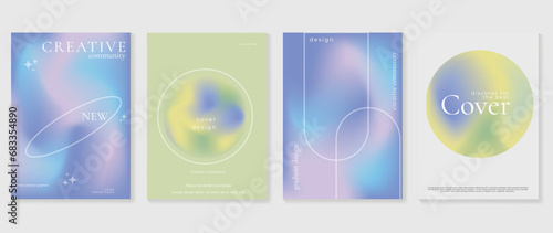 Aesthetic poster design set. Cute gradient holographic background vector with pastel colors  geometric shapes. Beauty ideal design for social media  cosmetic product  promote  banner  ads.