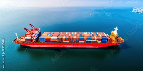 Aerial View Of Container Cargo Ship In Sea. Water transport with many different boxes, delivery for business
