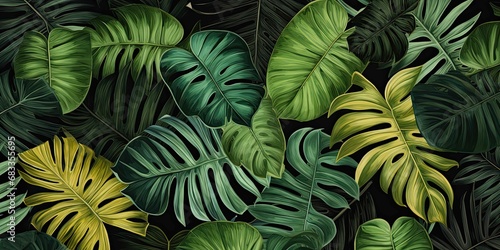 Background of various green tropical leaves. Panoramic background