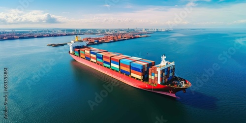 Large cargo ship transporting shipping container over oceans and around the world