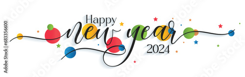Happy New Year 2024 Typography. Hand drawn modern vector calligraphy with brush stroke. Simple inscription with swashes wavy lettering text. 1 January New Year Eve greeting card and Social Media Cover