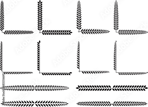 高級感のある葉っぱの角フレームと装飾セット　ブラック