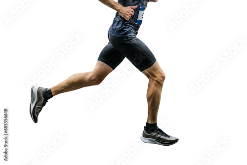 male runner in black tights running city marathon, muscular legs of athlete jogger, isolated on transparent background photo