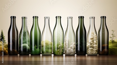 Glass bottles in different colors containing nature, showing landscape in transparency. Concept of recycling glass, saving and respecting the environment. Being aware of natural ressources. Nobody.