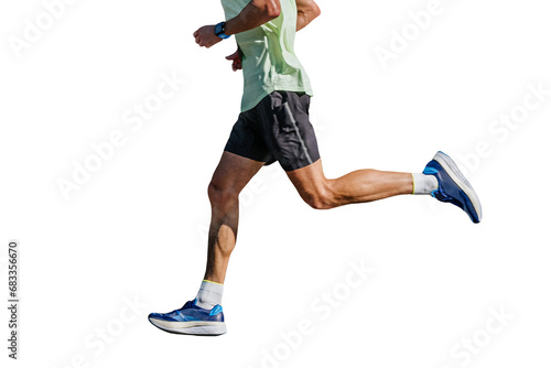 side view legs two male runners running city marathon race, isolated on transparent background
