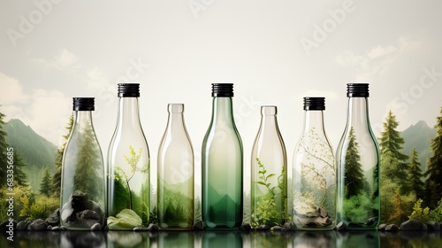 Glass bottles in different colors containing nature, showing landscape in transparency. Concept of recycling glass, saving and respecting the environment. Being aware of natural ressources. Nobody.