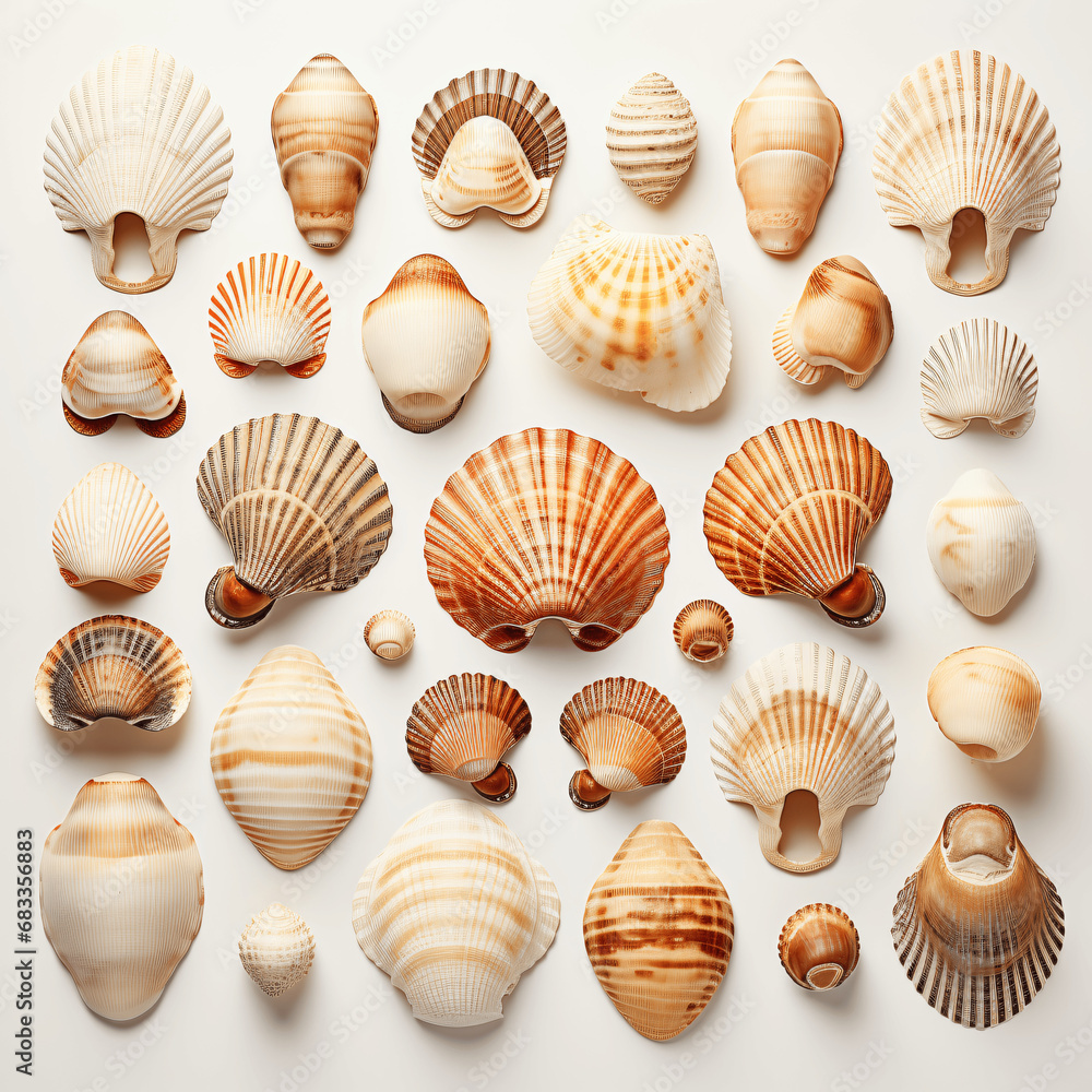 Variety of Seashells on White