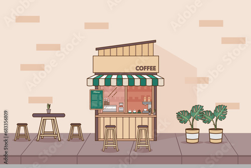 Coffee street stall vector illustration. Outdoor cafe on the pedestrian area.