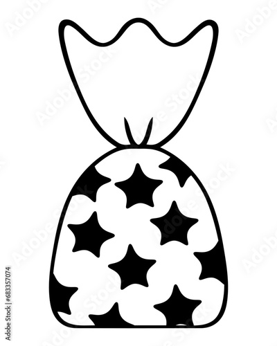 Candy chocolate truffle. Silhouette. Vector illustration. Sweetness wrapped in stars. Outline on isolated background. Idea for web design