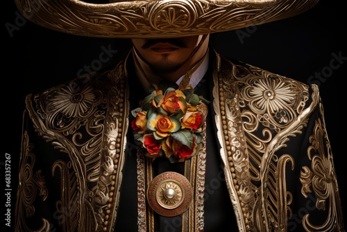Charro Suit is the quintessential attire for Mexican Mariachi musicians, featuring a wide-brimmed sombrero photo