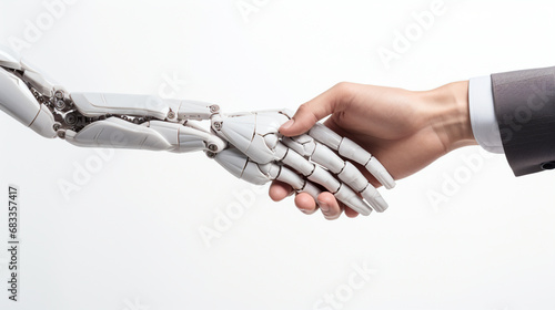 Human and robot's hand touching, Concept of harmonious coexistence of humans and AI technology