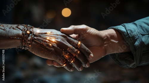 Human and robot's hand touching, Concept of harmonious coexistence of humans and AI technology © AlexCaelus