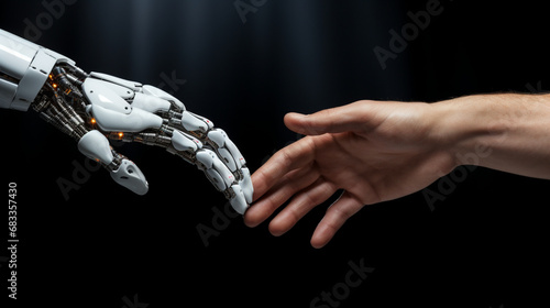 Human and robot\'s hand touching, Concept of harmonious coexistence of humans and AI technology
