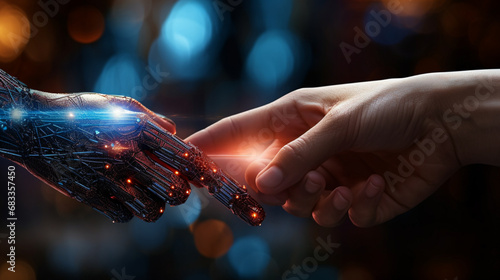 Human and robot's hand touching, Concept of harmonious coexistence of humans and AI technology #683357450