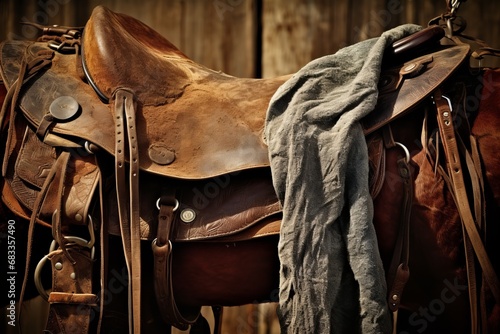 Cowboy riding gear, featuring a weathered saddle, lariat, and leather chaps