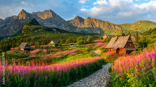 Fototapeta Naklejka Na Ścianę i Meble -  Tatra mountains landscape panorama, Poland colorful flowers and cottages in Gasienicowa valley (Hala Gasienicowa), warm summer morning