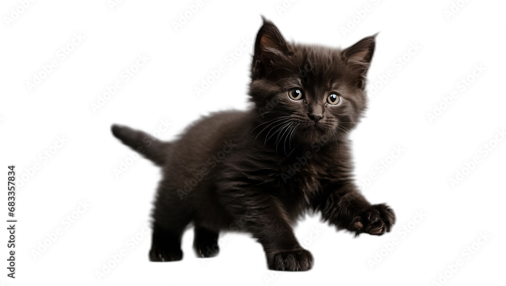 Cute fluffy kitten black isolated on white background