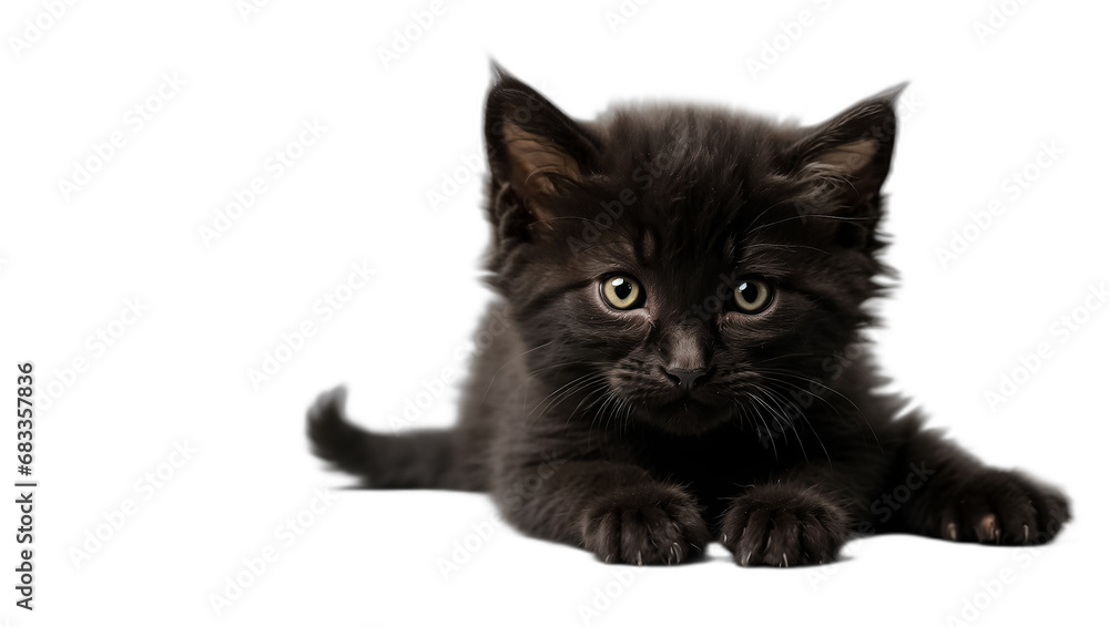 Cute fluffy kitten black isolated on white background