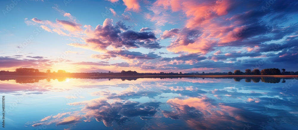 Breathtaking scenery mirrored in water with gorgeous sky