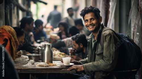 A happy homeless person is sitting at a table and eating in the shelter's dining room, surrounded by other homeless people. He looks to the future with hope and positivity. Close-up. photo