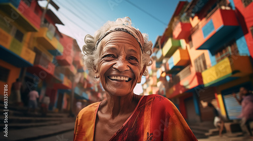 A happy smiling elderly woman on the street with colorful houses in the favelas of Brazil. The woman looks into the camera and smiles. The concept of resilience and love of life. Close-up.