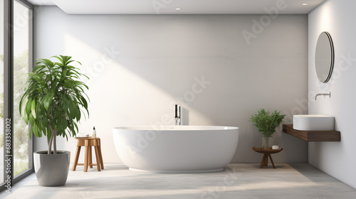 Modern bathroom interior, plants, white bathtub and sink, wooden stool, marble countertop with oval mirror, concrete floor, copy space photo